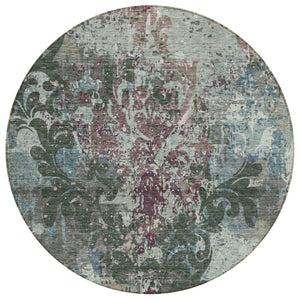 HomeRoots 5' Fern Green and Purple Damask Area Rug - Elegant, Durable, Washable Design for Indoor & Outdoor Use 8' Round 596383