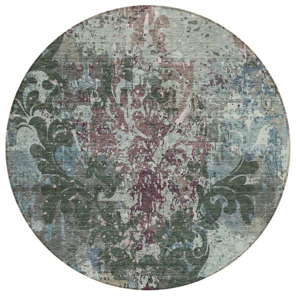 HomeRoots 5' Fern Green and Purple Damask Area Rug - Elegant, Durable, Washable Design for Indoor & Outdoor Use 8' Round 596383