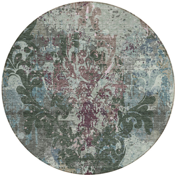 Homeroots 3' Elegant Brown Green Ivory Damask Washable Area Rug For Indoor And Outdoor Spaces - Durable Design 8' Round Polyester 596383