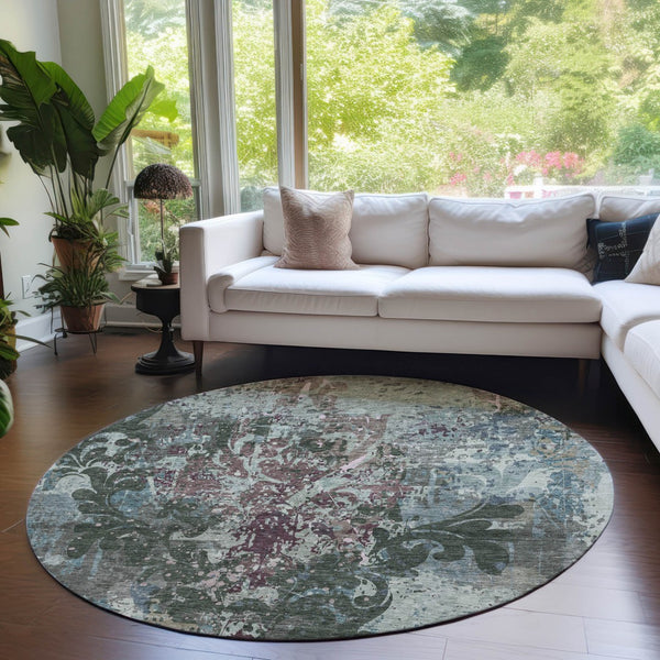 Homeroots 3' Elegant Brown Green Ivory Damask Washable Area Rug For Indoor And Outdoor Spaces - Durable Design 8' Round Polyester 596383