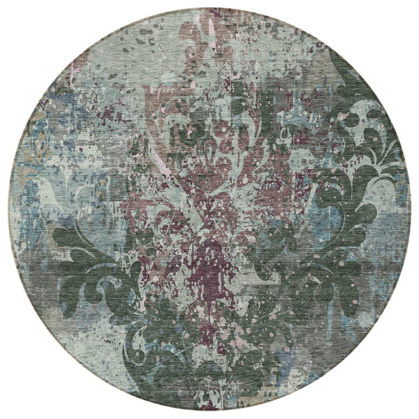 Homeroots 3' Elegant Brown Green Ivory Damask Washable Area Rug For Indoor And Outdoor Spaces - Durable Design 8' Round Polyester 596383