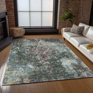 Homeroots 3' Elegant Brown Green Ivory Damask Washable Area Rug For Indoor And Outdoor Spaces - Durable Design 8' X 10' Polyester 596384