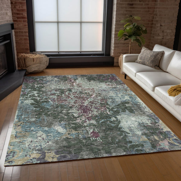 Homeroots 3' Elegant Brown Green Ivory Damask Washable Area Rug For Indoor And Outdoor Spaces - Durable Design 8' X 10' Polyester 596384