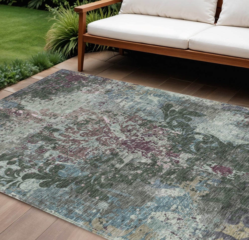 HomeRoots 9' X 12' Elegant Fern Green and Purple Damask Area Rug - Washable, Stain-Resistant for Indoor/Outdoor Use 596385