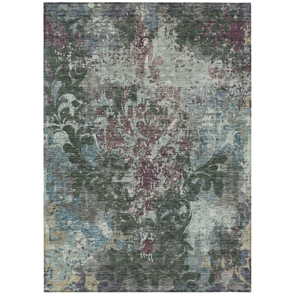 HomeRoots 9' X 12' Elegant Fern Green and Purple Damask Area Rug - Washable, Stain-Resistant for Indoor/Outdoor Use 596385