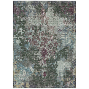 HomeRoots 9' X 12' Elegant Fern Green and Purple Damask Area Rug - Washable, Stain-Resistant for Indoor/Outdoor Use 596385