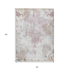 Homeroots 3' Elegant Brown Green Ivory Damask Washable Area Rug For Indoor And Outdoor Spaces - Durable Design 3' X 5' Polyester 596387