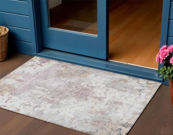 Homeroots 3' Elegant Brown Green Ivory Damask Washable Area Rug For Indoor And Outdoor Spaces - Durable Design 3' X 5' Polyester 596387