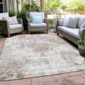 Homeroots 3' Elegant Brown Green Ivory Damask Washable Area Rug For Indoor And Outdoor Spaces - Durable Design 5' X 8' Polyester 596388