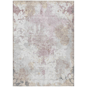 HomeRoots 5' Elegant Ivory and Light Purple Damask Area Rug for Indoor and Outdoor Spaces - Machine Washable 5' X 8' 596388