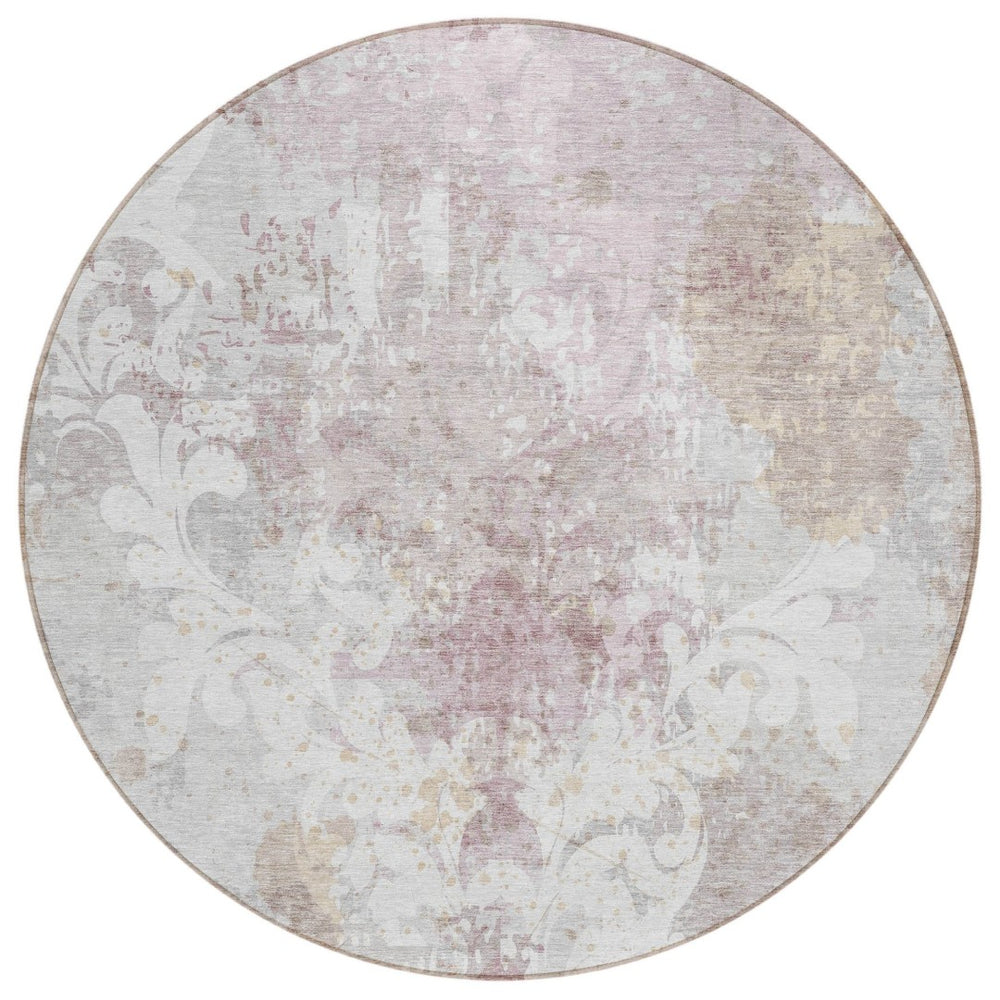 HomeRoots 5' Elegant Ivory and Light Purple Damask Area Rug for Indoor and Outdoor Spaces - Machine Washable 8' Round 596389