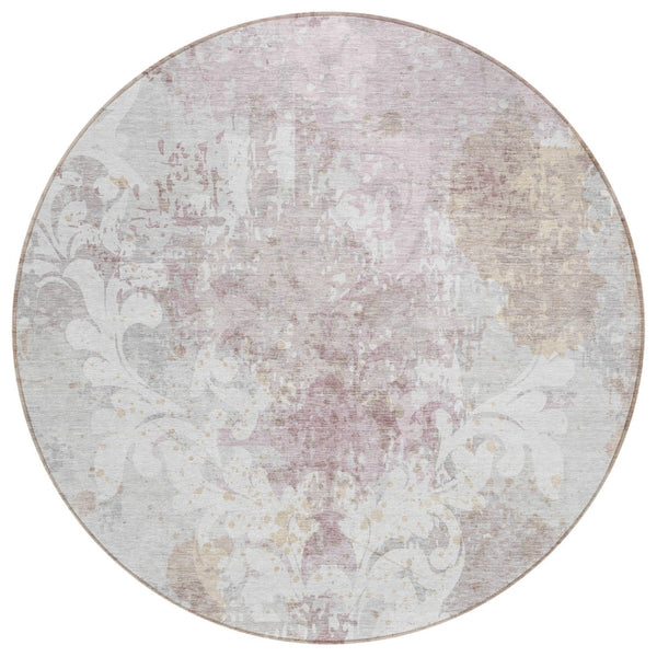 HomeRoots 5' Elegant Ivory and Light Purple Damask Area Rug for Indoor and Outdoor Spaces - Machine Washable 8' Round 596389