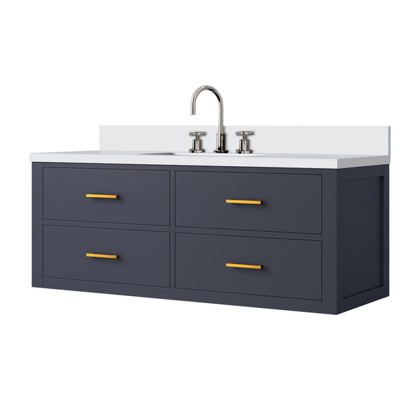 English Elm Blue 48" Single Bath Vanity with White Quartz Top, Soft-Close Drawers & Chrome Gooseneck Faucet Set B2731P258009