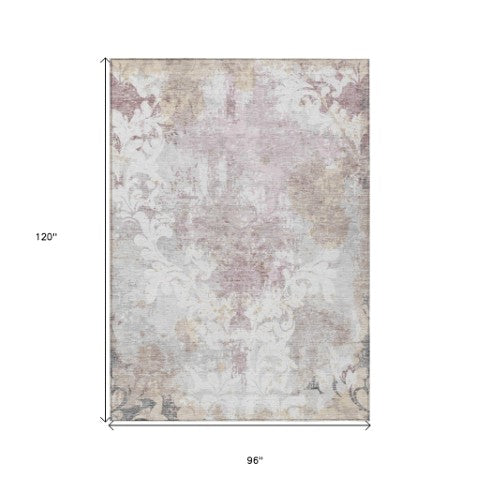 Homeroots 3' Elegant Brown Green Ivory Damask Washable Area Rug For Indoor And Outdoor Spaces - Durable Design 8' X 10' Polyester 596390