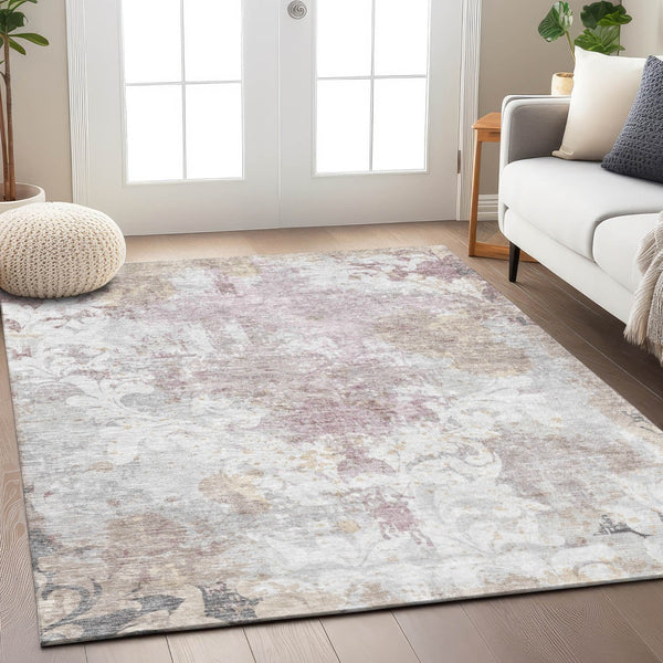 Homeroots 3' Elegant Brown Green Ivory Damask Washable Area Rug For Indoor And Outdoor Spaces - Durable Design 8' X 10' Polyester 596390