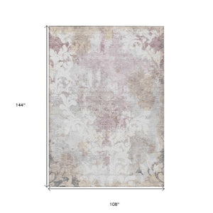 Homeroots 3' Elegant Brown Green Ivory Damask Washable Area Rug For Indoor And Outdoor Spaces - Durable Design 9' X 12' Polyester 596391