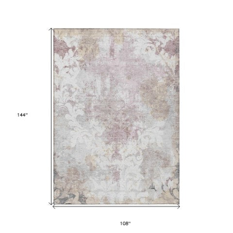 Homeroots 3' Elegant Brown Green Ivory Damask Washable Area Rug For Indoor And Outdoor Spaces - Durable Design 9' X 12' Polyester 596391