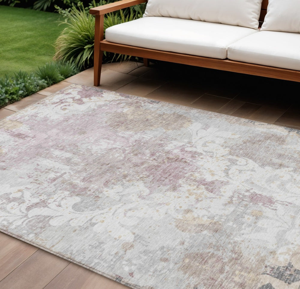 HomeRoots 9' Elegant Damask Area Rug in Ivory, Light Purple & Gray - Washable, Durable for Indoor/Outdoor Use 596391