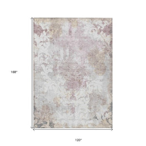 Homeroots 3' Elegant Brown Green Ivory Damask Washable Area Rug For Indoor And Outdoor Spaces - Durable Design 10' X 14' Polyester 596392