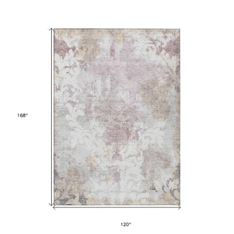 Homeroots 3' Elegant Brown Green Ivory Damask Washable Area Rug For Indoor And Outdoor Spaces - Durable Design 10' X 14' Polyester 596392