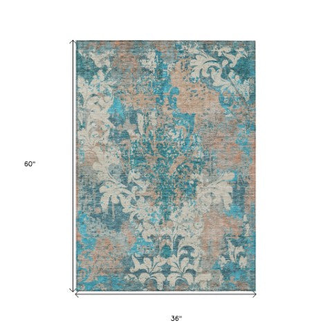 Homeroots 3' Elegant Brown Green Ivory Damask Washable Area Rug For Indoor And Outdoor Spaces - Durable Design 3' X 5' Polyester 596393