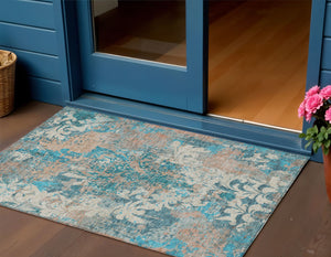 Homeroots 3' Elegant Brown Green Ivory Damask Washable Area Rug For Indoor And Outdoor Spaces - Durable Design 3' X 5' Polyester 596393