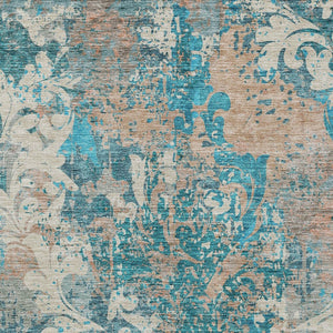 Homeroots 3' Elegant Brown Green Ivory Damask Washable Area Rug For Indoor And Outdoor Spaces - Durable Design 3' X 5' Polyester 596393