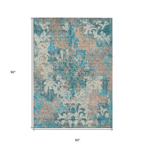 Homeroots 3' Elegant Brown Green Ivory Damask Washable Area Rug For Indoor And Outdoor Spaces - Durable Design 5' X 8' Polyester 596394
