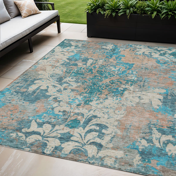Homeroots 3' Elegant Brown Green Ivory Damask Washable Area Rug For Indoor And Outdoor Spaces - Durable Design 5' X 8' Polyester 596394