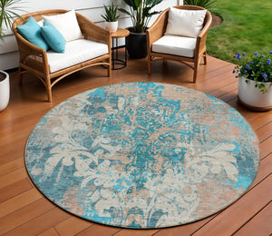 Homeroots 3' Elegant Brown Green Ivory Damask Washable Area Rug For Indoor And Outdoor Spaces - Durable Design 8' Round Polyester 596395