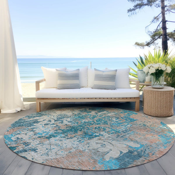 Homeroots 3' Elegant Brown Green Ivory Damask Washable Area Rug For Indoor And Outdoor Spaces - Durable Design 8' Round Polyester 596395