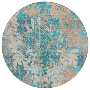 HomeRoots 5' Teal Blue Ivory Light Brown Damask Area Rug - Washable, Durable, Stylish Indoor & Outdoor Decor 8' Round 596395