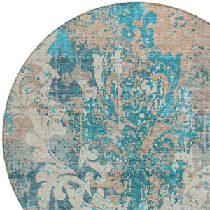 Homeroots 3' Elegant Brown Green Ivory Damask Washable Area Rug For Indoor And Outdoor Spaces - Durable Design 8' Round Polyester 596395