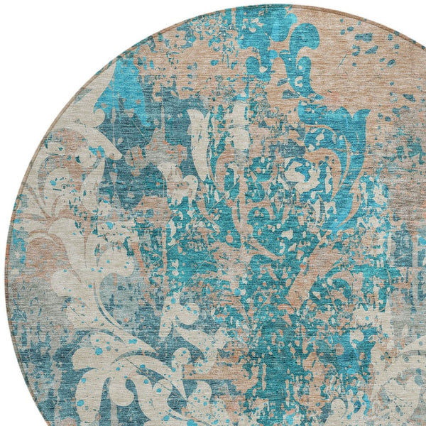 Homeroots 3' Elegant Brown Green Ivory Damask Washable Area Rug For Indoor And Outdoor Spaces - Durable Design 8' Round Polyester 596395