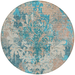 Homeroots 3' Elegant Brown Green Ivory Damask Washable Area Rug For Indoor And Outdoor Spaces - Durable Design 8' Round Polyester 596395