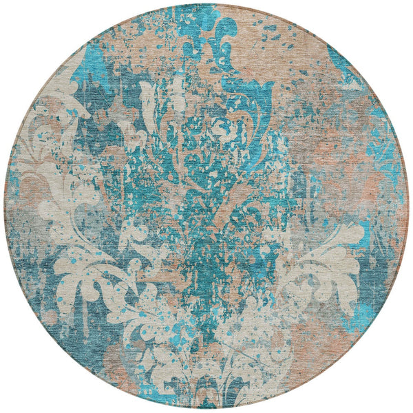 Homeroots 3' Elegant Brown Green Ivory Damask Washable Area Rug For Indoor And Outdoor Spaces - Durable Design 8' Round Polyester 596395