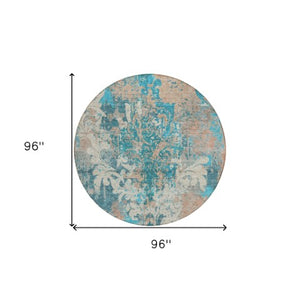 Homeroots 3' Elegant Brown Green Ivory Damask Washable Area Rug For Indoor And Outdoor Spaces - Durable Design 8' Round Polyester 596395