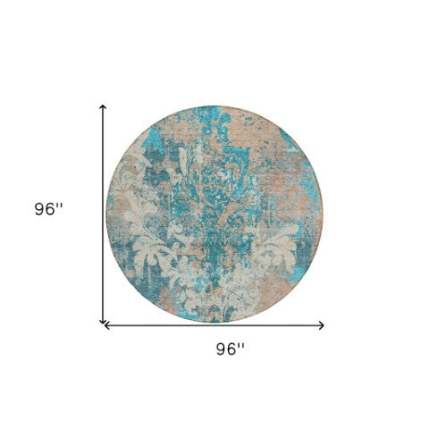 Homeroots 3' Elegant Brown Green Ivory Damask Washable Area Rug For Indoor And Outdoor Spaces - Durable Design 8' Round Polyester 596395