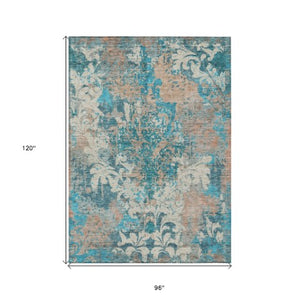 Homeroots 3' Elegant Brown Green Ivory Damask Washable Area Rug For Indoor And Outdoor Spaces - Durable Design 8' X 10' Polyester 596396