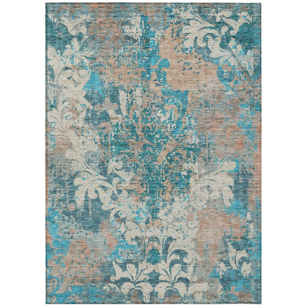 HomeRoots 5' Teal Blue Ivory Light Brown Damask Area Rug - Washable, Durable, Stylish Indoor & Outdoor Decor 8' X 10' 596396