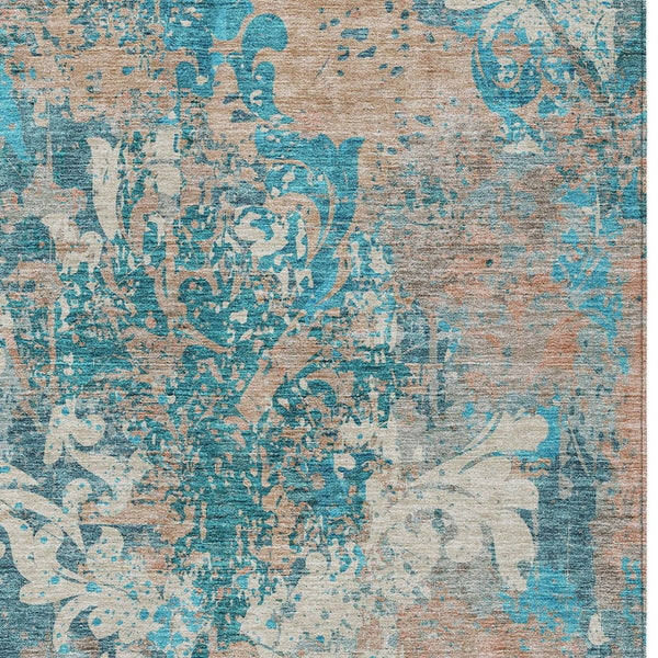 Homeroots 3' Elegant Brown Green Ivory Damask Washable Area Rug For Indoor And Outdoor Spaces - Durable Design 8' X 10' Polyester 596396