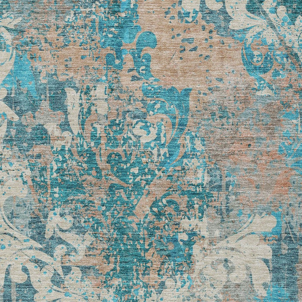 Homeroots 3' Elegant Brown Green Ivory Damask Washable Area Rug For Indoor And Outdoor Spaces - Durable Design 9' X 12' Polyester 596397