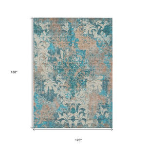 Homeroots 3' Elegant Brown Green Ivory Damask Washable Area Rug For Indoor And Outdoor Spaces - Durable Design 10' X 14' Polyester 596398