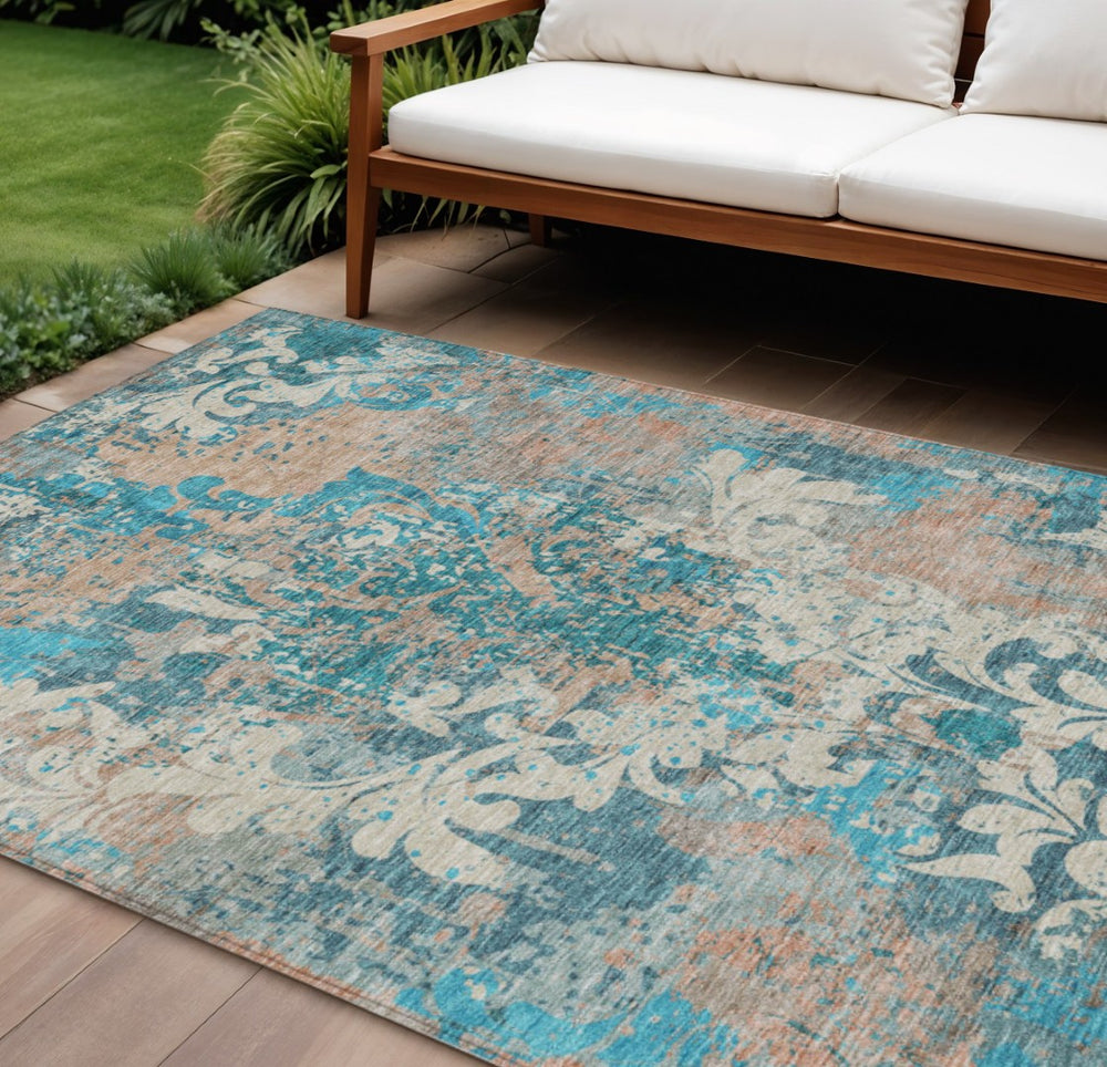 HomeRoots 5' Teal Blue Ivory Light Brown Damask Area Rug - Washable, Durable, Stylish Indoor & Outdoor Decor 10' X 14' 596398