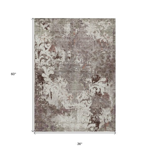 Homeroots 3' Elegant Brown Green Ivory Damask Washable Area Rug For Indoor And Outdoor Spaces - Durable Design 3' X 5' Polyester 596399