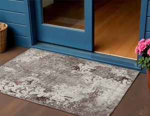 Homeroots 3' Elegant Brown Green Ivory Damask Washable Area Rug For Indoor And Outdoor Spaces - Durable Design 3' X 5' Polyester 596399