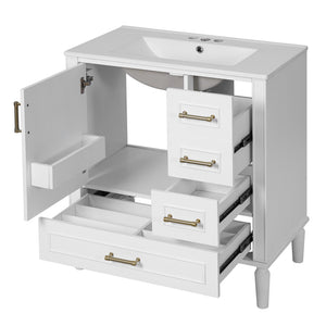 English Elm 30" Elegant Bathroom Vanity with Ceramic Sink, Soft-Close Door & 3 Drawers, Gold Handles, Durable Finish White N729P184479K