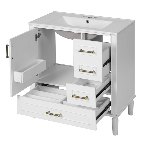 English Elm 30" Elegant Bathroom Vanity with Ceramic Sink, Soft-Close Door & 3 Drawers, Gold Handles, Durable Finish White N729P184479K