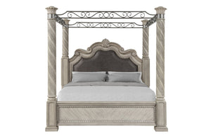 English Elm Gray Upholstered Canopy King Bed Carved Posts Nailhead Trim Grand Bedroom B2699S00119