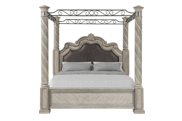 English Elm Gray Upholstered Canopy King Bed Carved Posts Nailhead Trim Grand Bedroom B2699S00119